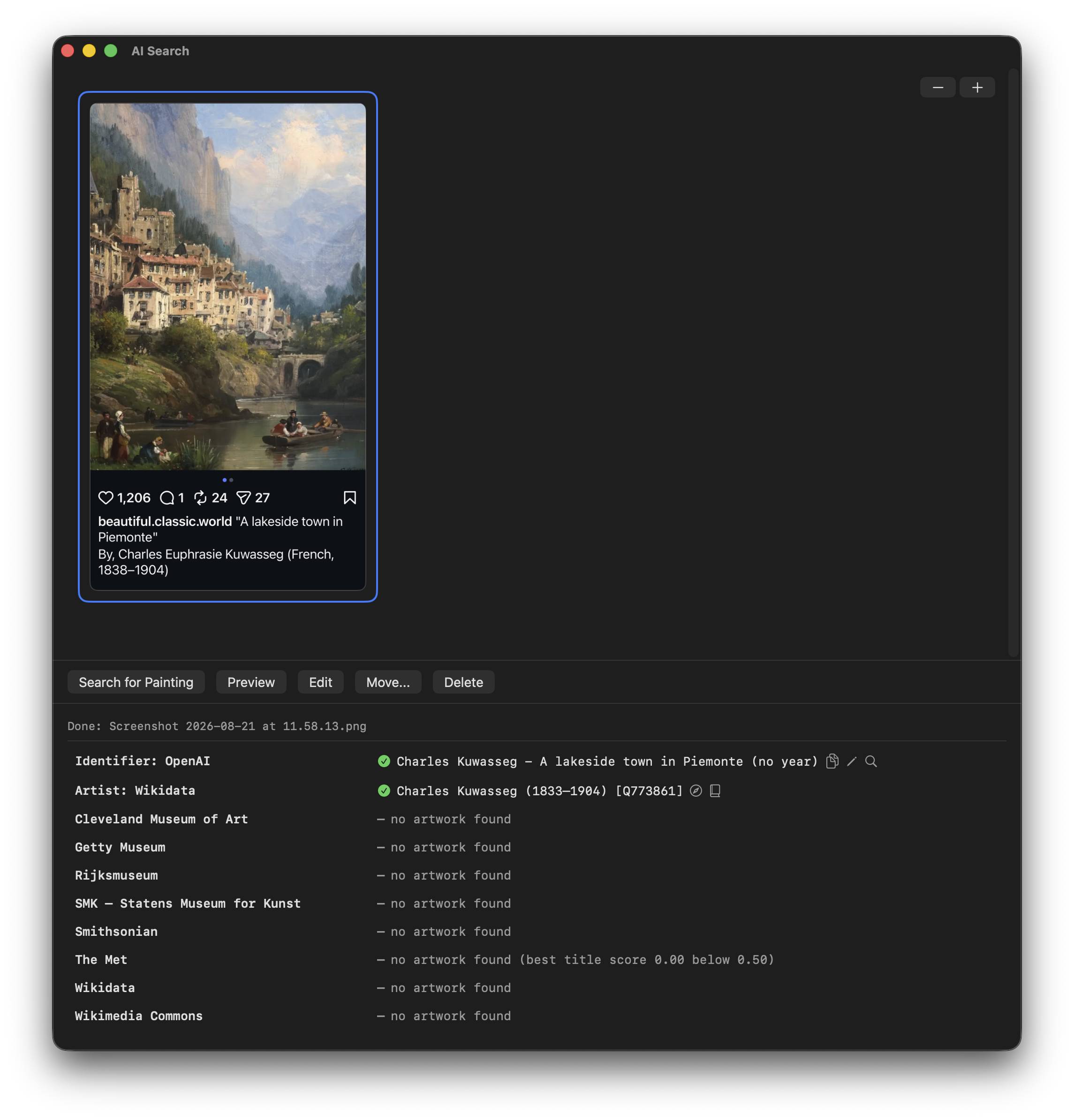 The AI Search window after a search has completed.