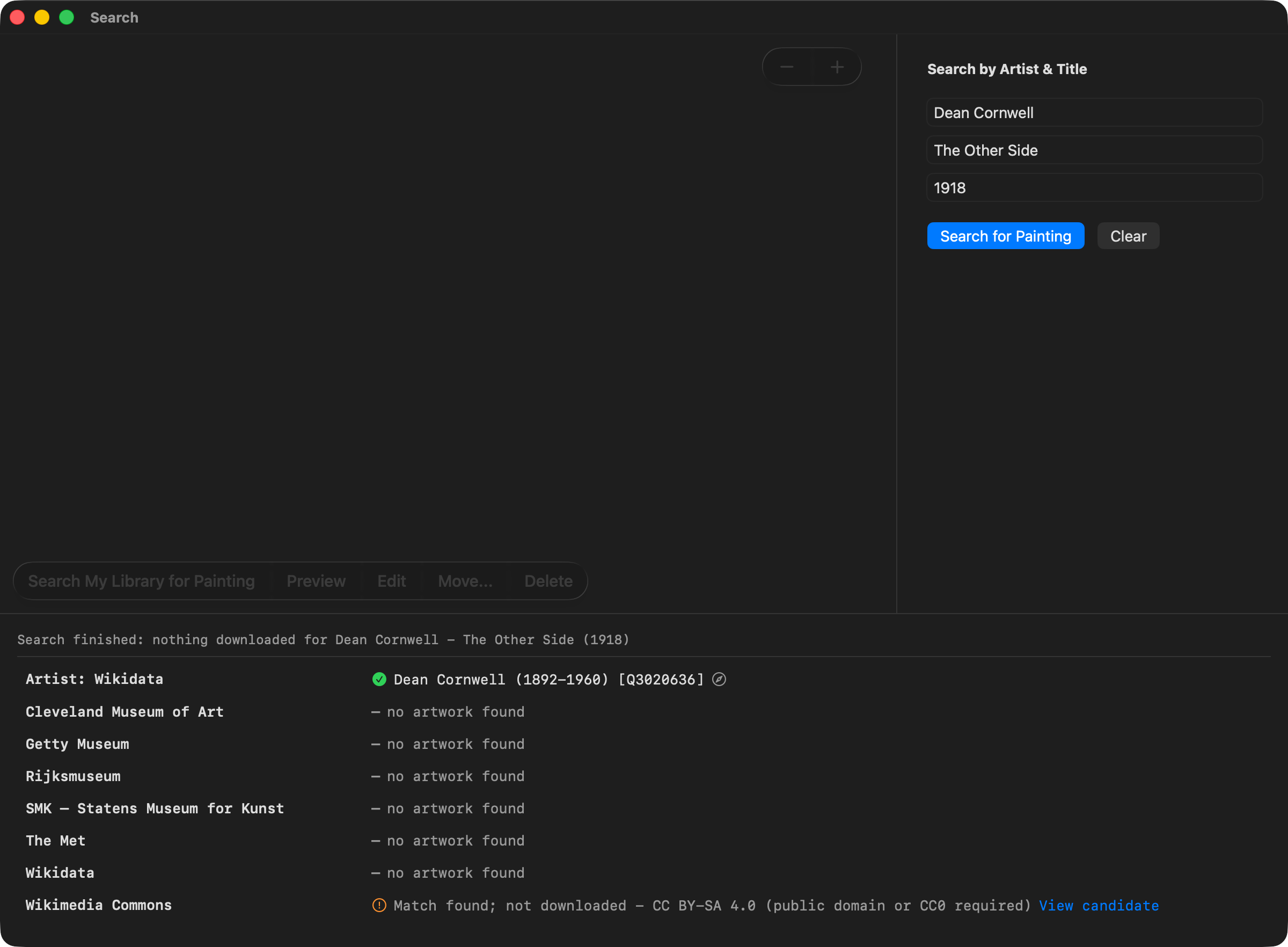 A collection reporting a match it did not download, because the licence asks for more than ArtFetcher accepts.