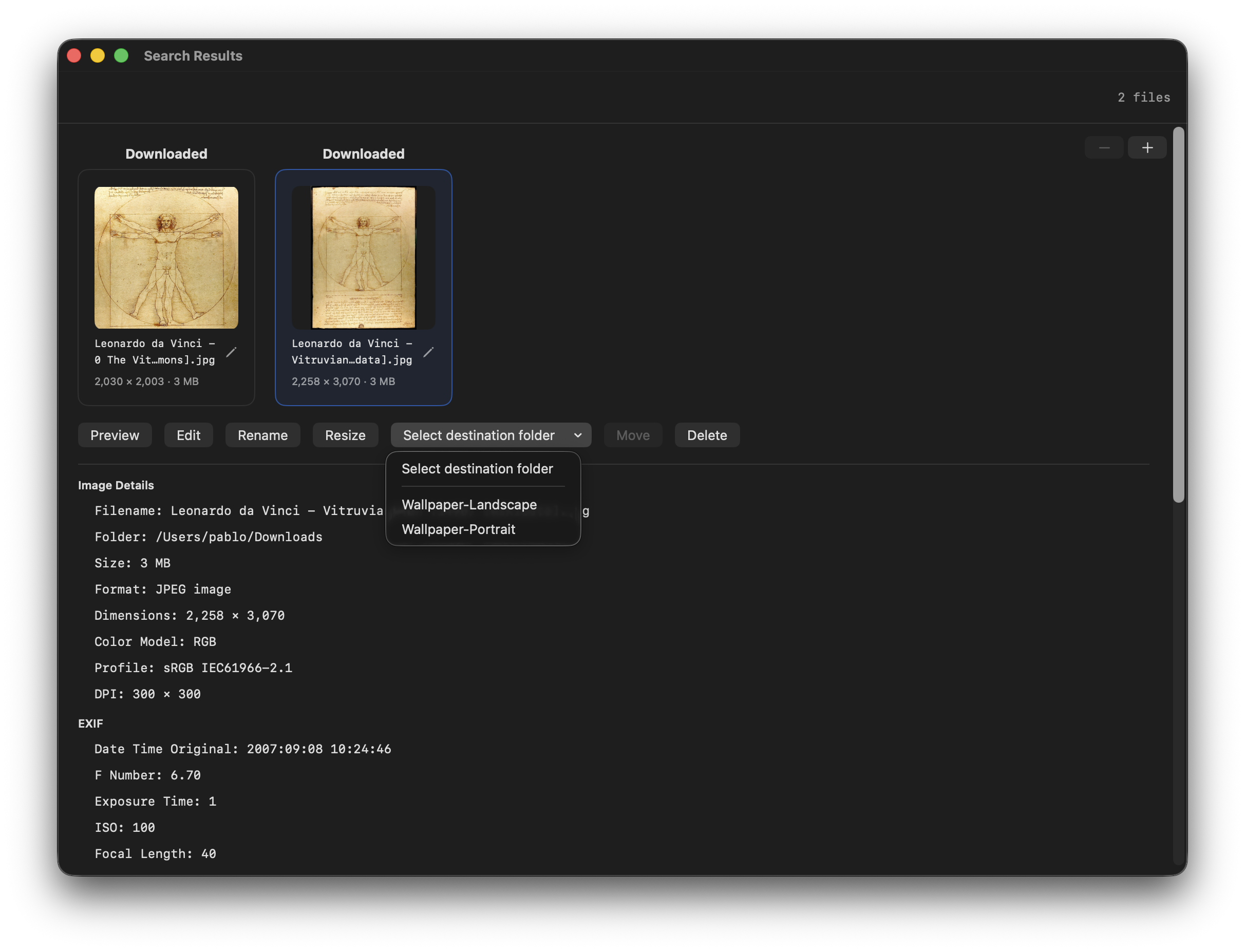 The Search Results window showing the move menu.