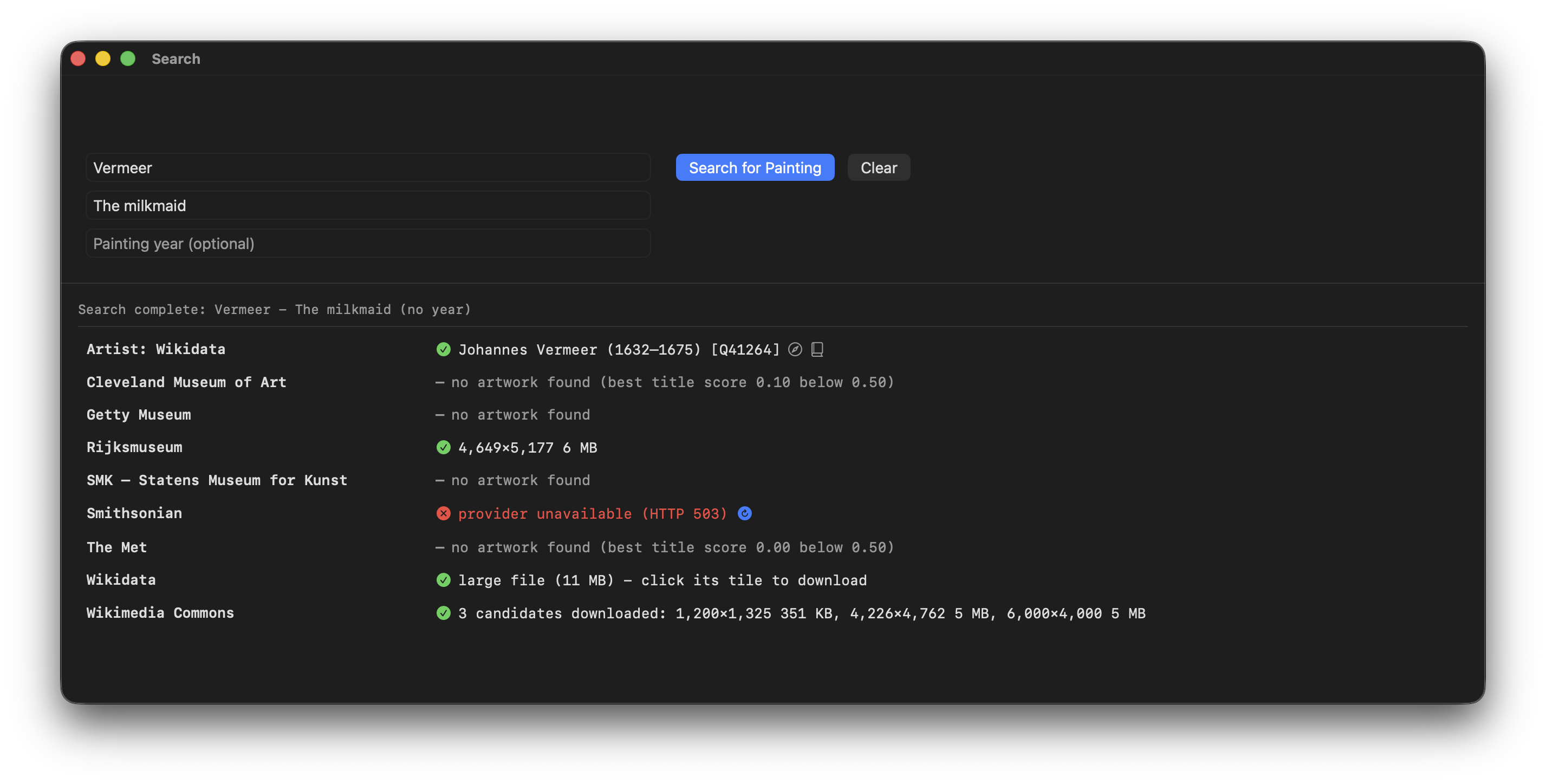 The Search window, showing one of the provider rows with an error.