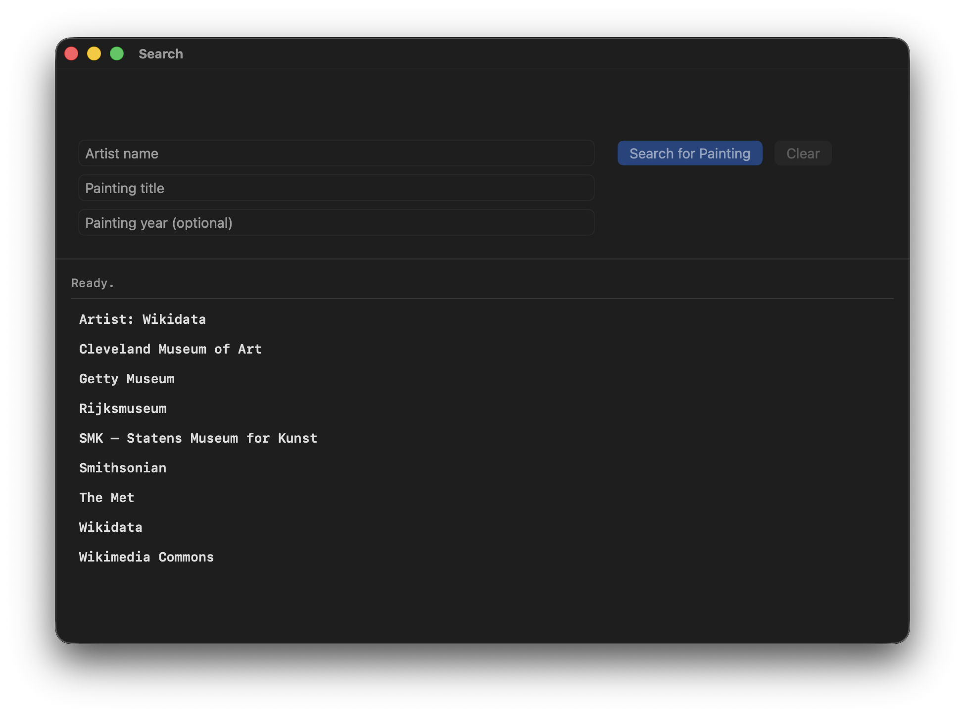 ArtFetcher's Search window, listing the collections it queries.