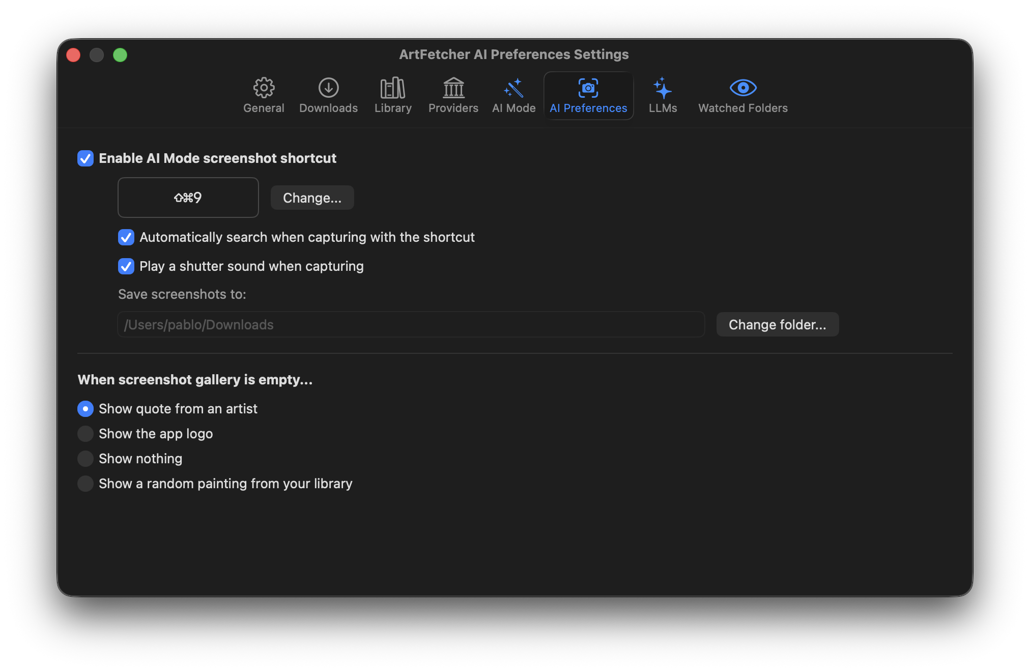 The AI Preferences tab of Settings, with the screenshot shortcut, its options and the capture folder.