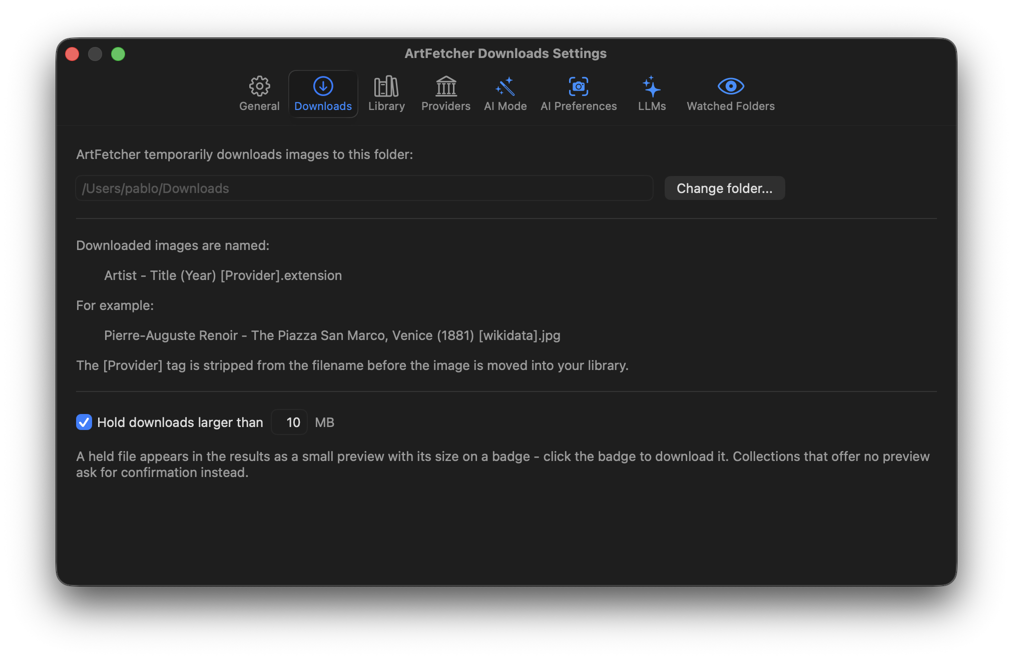 The Downloads tab of ArtFetcher's Settings window.