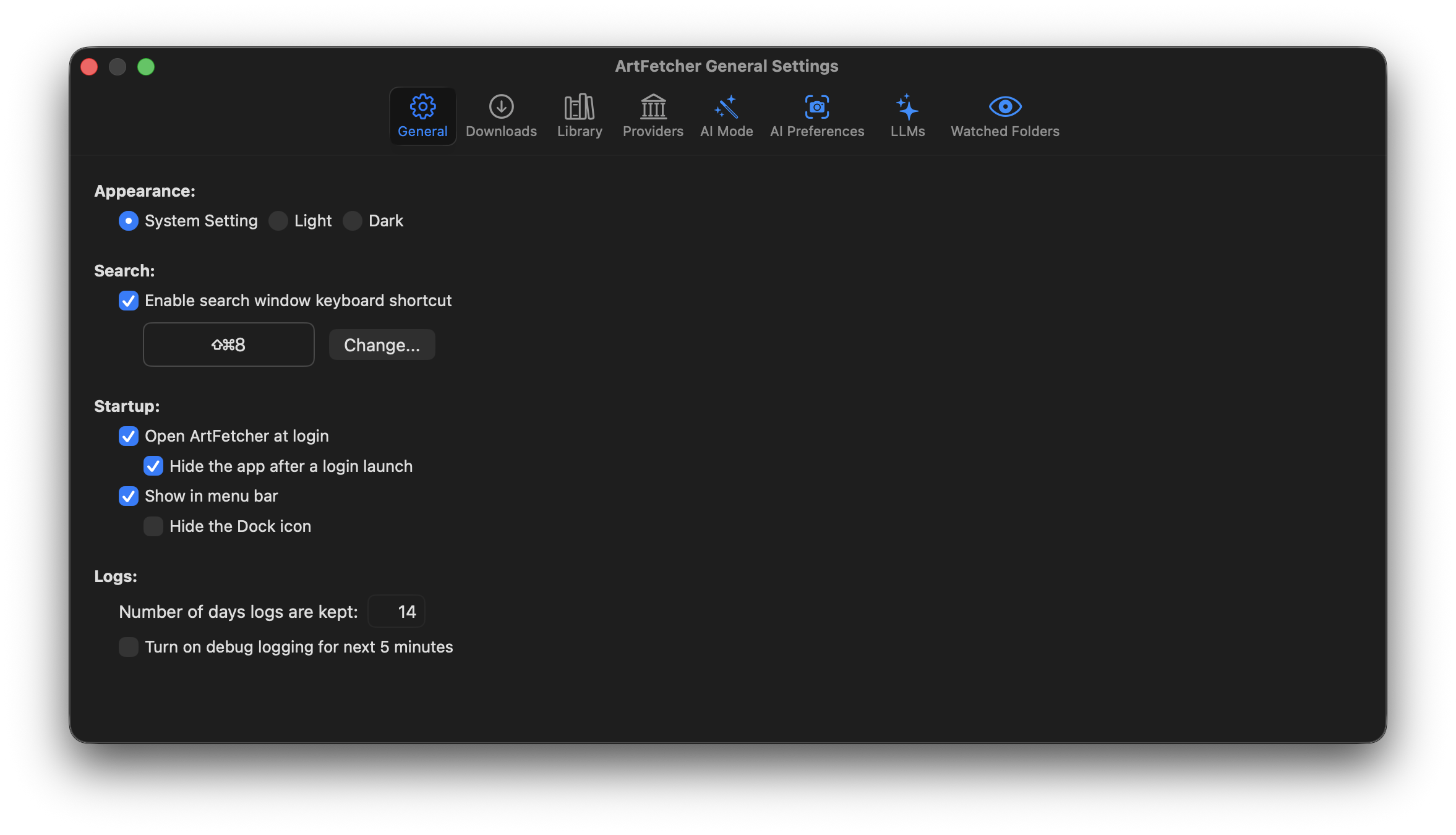 The General tab of Settings, with appearance, search shortcut, startup and log options.