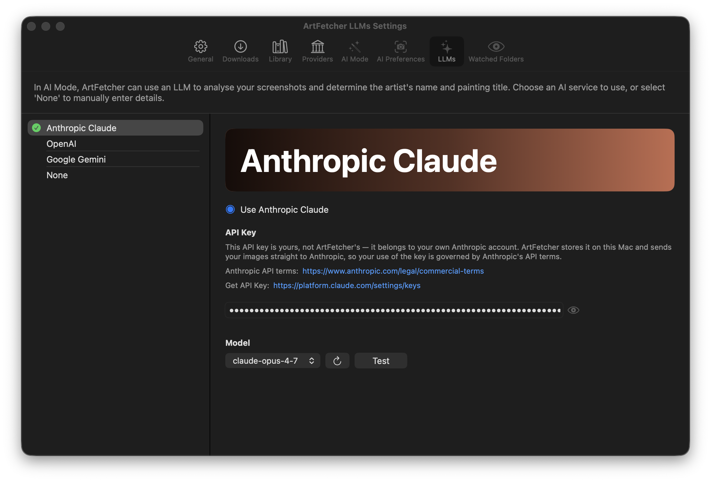 The LLMs tab of Settings, showing Anthropic Claude selected with its API key field and model picker.