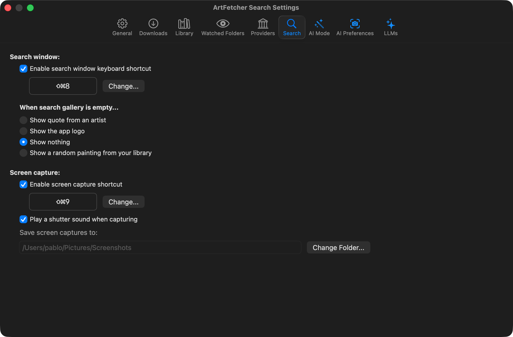 The Search tab of Settings, with the Search window shortcut, the empty gallery choice, and the Screen Capture shortcut, sound and folder.
