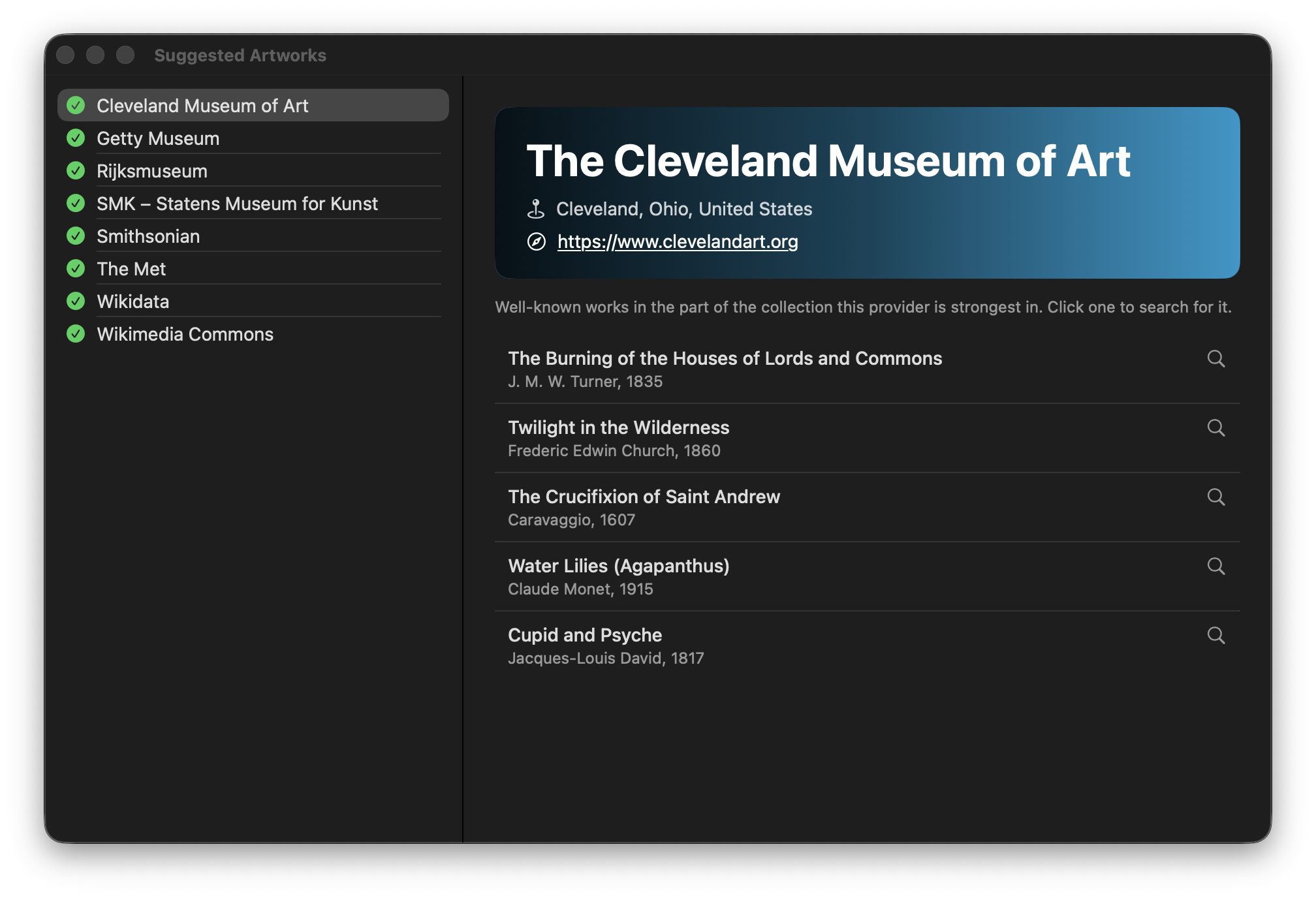 The Suggested Artworks window listing well-known works held by the Cleveland Museum of Art.